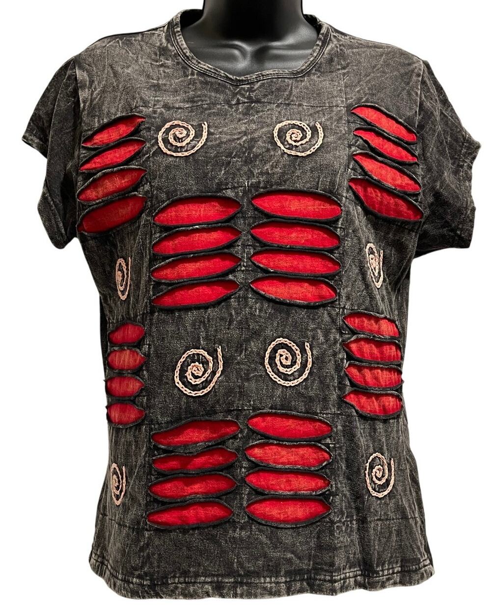 Shop Therapy Black Red Short Sleeve Textured T-Shirt - Size S/M - Vintage 90's